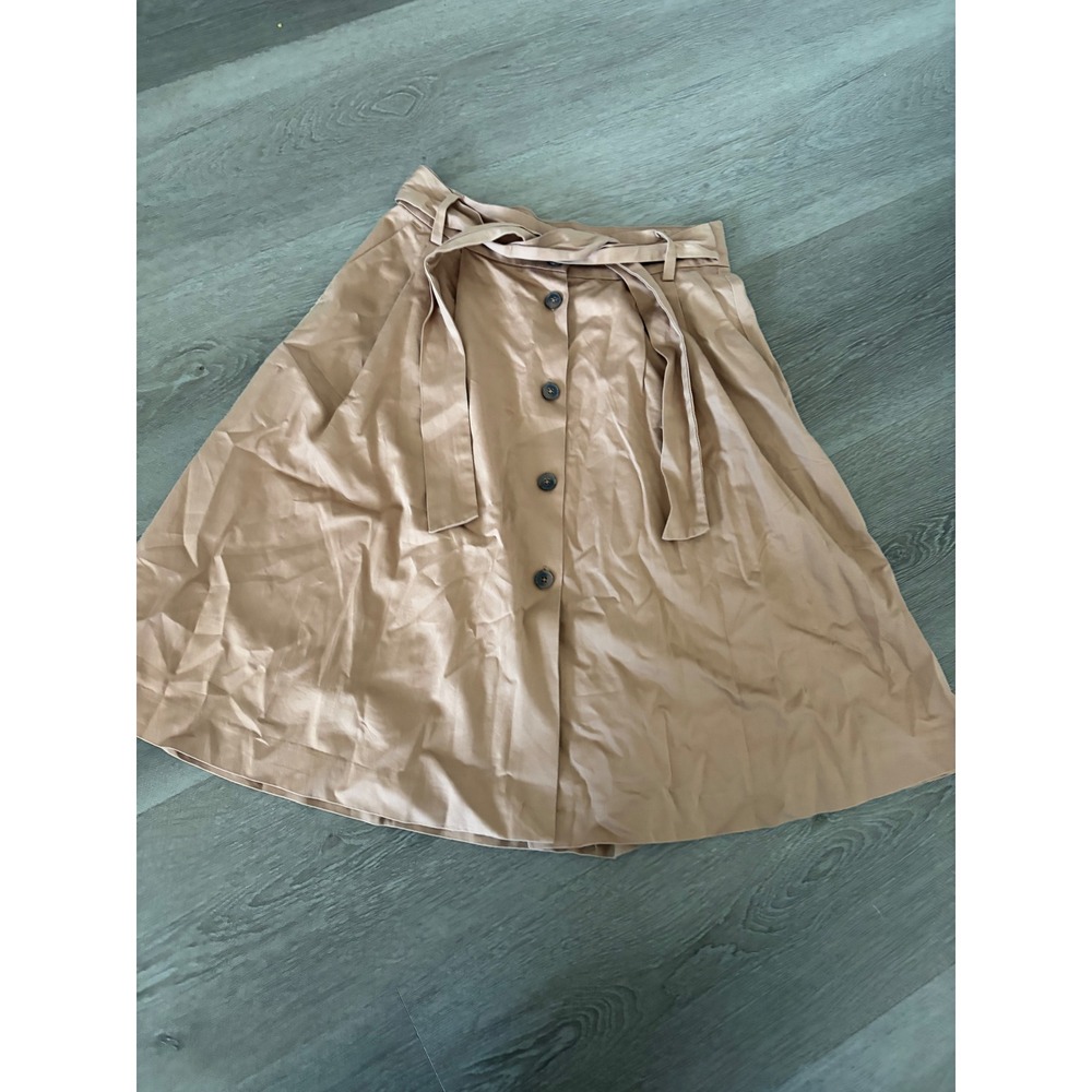 RW&CO Tan Khaki Cotton Linen Button Front Midi Skirt with Tie Belt Size 4
